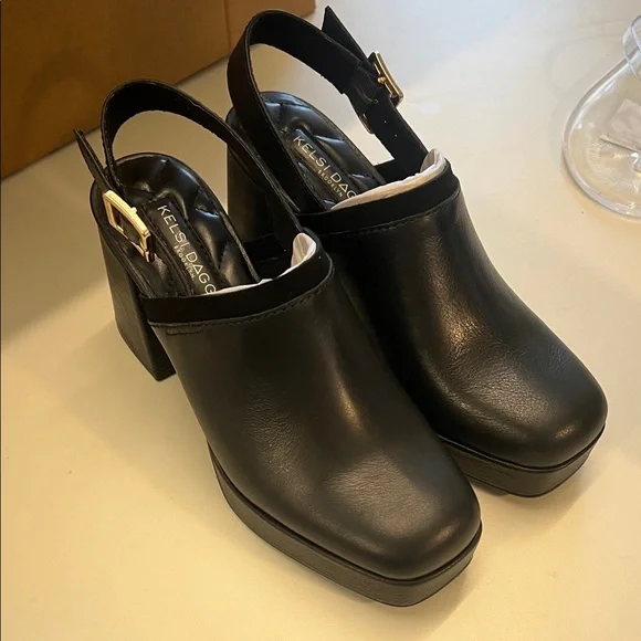 Kelsi Dagger Black Leather Mules with Gold Buckle - Picture 1 of 4